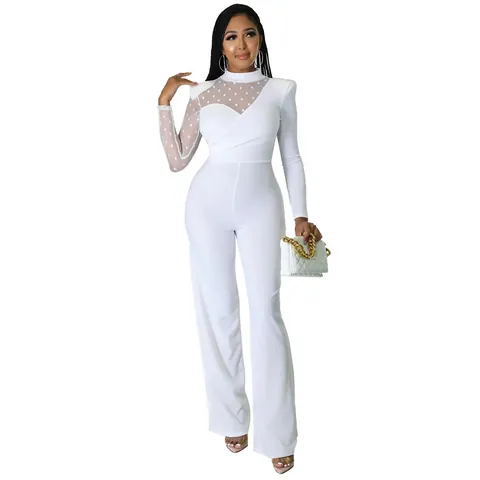 Women Mesh Polka Dot Patchwork Jumpsuit Elegant Long Sleeve Straight Leg Romper Sexy High Waist One Piece Outfit Jumpsuit