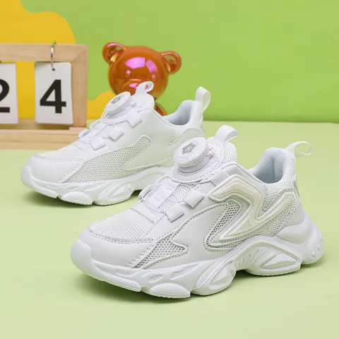 Kids White Sneakers Rotary Knob Breathable School Sports Running Shoes For Boys Girls Casual Synthetic Leather Lightweight