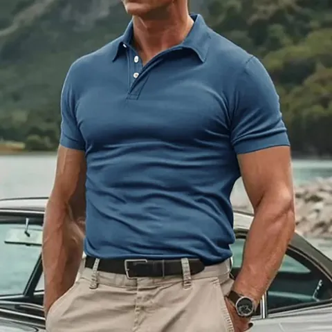 Men Casual Short Sleeve Polo Shirt Classic Lapel Collar Button Slim Fit Solid Color Knitted Breathable Summer Sporty Top