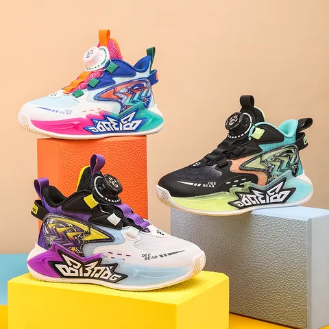 Boys Basketball Shoes Kids Breathable Mesh Athletic Sneakers With Rotary Buckle High Top Sport Shoes For Students Casual Gym