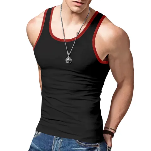 Men Sporty Casual Tank Top Slim Fit Contrast Trim U-Neck Sleeveless Vest For Summer Outdoor Workout Pullover Polyester Top
