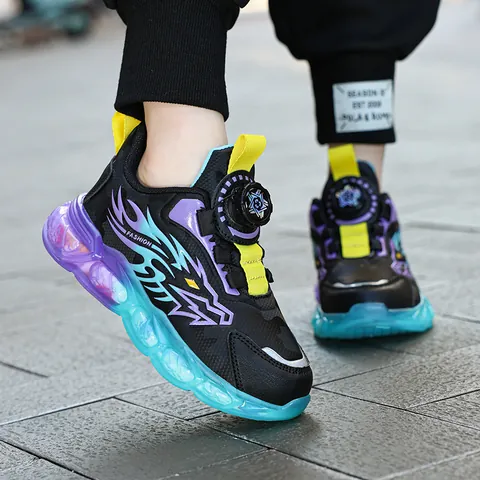 Boys Sneakers Rotating Button Closure Leather Surface Running Shoes Flame Dragon Pattern Non-slip Wear-resistant Kids Sport Shoes