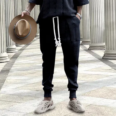 Men Jacquard Knit Casual Pants Relaxed Fit Drawstring Joggers Polyester Cotton Blend Thick Warm Sweatpants Streetwear Men Bottom