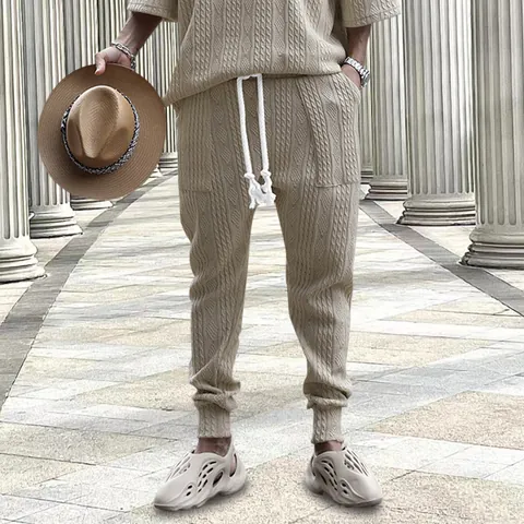 Men Jacquard Knit Casual Pants Relaxed Fit Drawstring Joggers Polyester Cotton Blend Thick Warm Sweatpants Streetwear Men Bottom