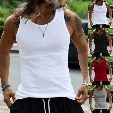 Men Slim Fit Ribbed Tank Top American Minimalist Racerback Sleeveless Top Polyester Solid Color Casual Sports Undershirt For Summer