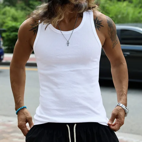 Men Slim Fit Ribbed Tank Top American Minimalist Racerback Sleeveless Top Polyester Solid Color Casual Sports Undershirt For Summer