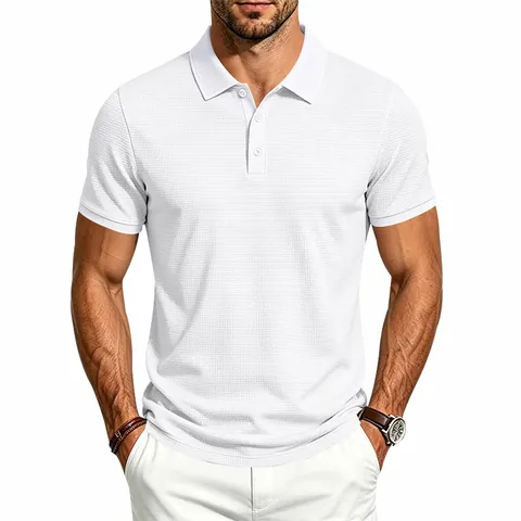 Polo de Punto de Gofre para Hombre de Negocios Casual Transpirable Color Sólido Manga Corta Camiseta para Oficina Trabajo Diario