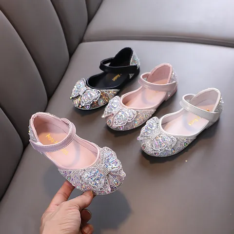 Zapatos de Princesa con Strass para Niñas Lazo Merceditas Planas Cuero PU Elegantes Zapatos de Danza para Fiesta Boda Niñas