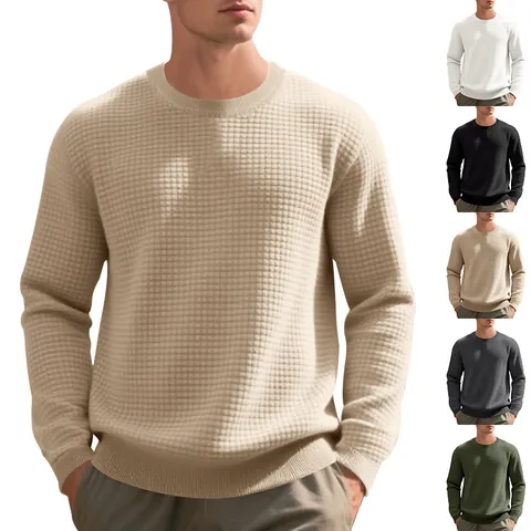 Men's Waffle Knit Long Sleeve Top Casual Crew Neck Polyester Pullover Basic Solid Color Relaxed Fit Spring Autumn Men Clothing