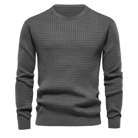 Men's Waffle Knit Long Sleeve Top Casual Crew Neck Polyester Pullover Basic Solid Color Relaxed Fit Spring Autumn Men Clothing