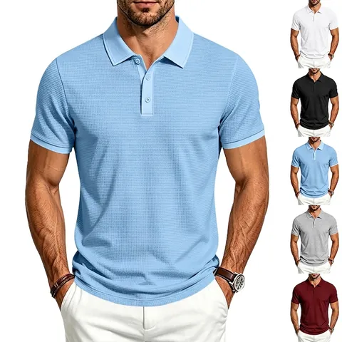 Polo de Punto de Gofre para Hombre de Negocios Casual Transpirable Color Sólido Manga Corta Camiseta para Oficina Trabajo Diario