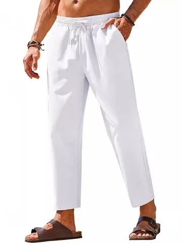 Herren Casual Leinenhose Atmungsaktiv Sommer Strand Yoga Hose Lose Elastischer Bund Kordelzug Gerade Hose Urban Herrenbekleidung