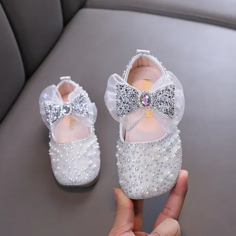 Girls Princess PU Leather Flats With Rhinestone Bowknot Artificial Pearl Embellishment Non-Slip Dance Performance Shoes For Kids