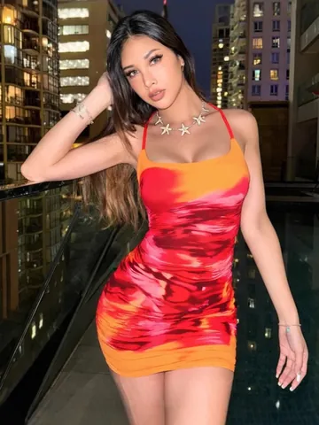 Abito Mini Bodycon da Donna Scollo Halter Spalle Scoperte Senza Schienale Increspato Color Block Tie Dye Estivo Sexy Club Party
