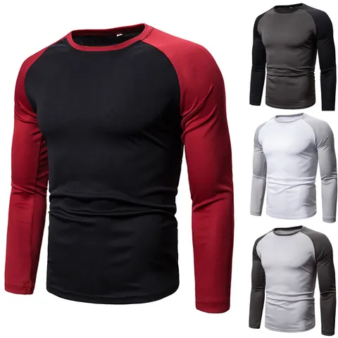Men's Casual Long Sleeve T-Shirt Color Block Patchwork Raglan Sleeve Round Neck Slim Fit Polyester Top Base Layer