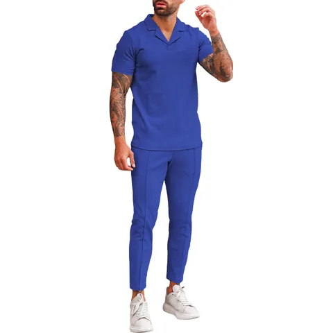 Men Summer Waffle Knit Casual Set V-Neck Lapel Short Sleeve Top And Long Pants Two Piece Matching Suit