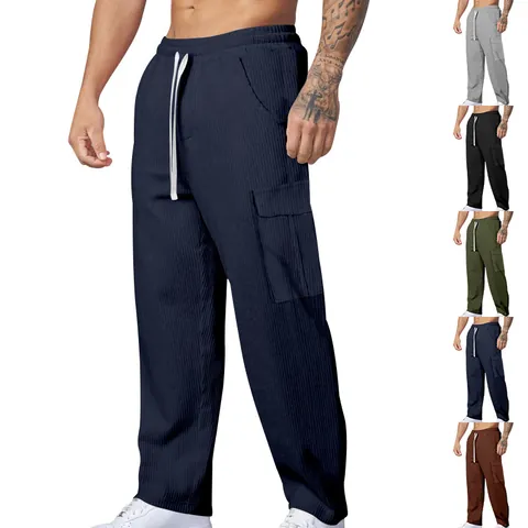 Men's Vintage Corduroy Cargo Pants Loose Fit Casual Wide Leg Trousers Drawstring Multi Pocket Retro Streetwear Fashion Bottoms