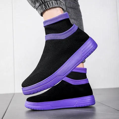 Men Women Breathable Fly Knit Sock Sneakers High Top Slip On Board Shoes Casual Mesh Couple Walking Shoes Sporty Footwear