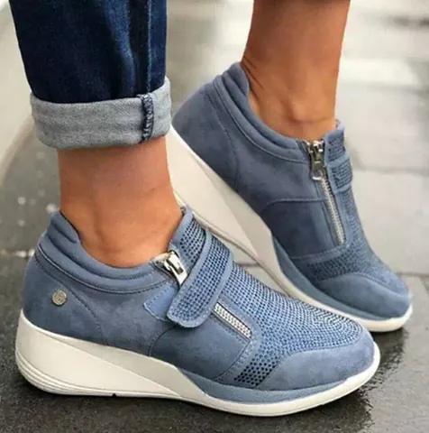 Women's Wedge Platform Sneakers Suede Round Toe Rhinestone Casual Fashion Shoes Hook and Loop Walking Single Shoes