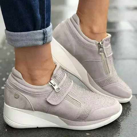 Women's Wedge Platform Sneakers Suede Round Toe Rhinestone Casual Fashion Shoes Hook and Loop Walking Single Shoes