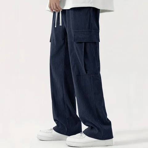 High Street Men Corduroy Cargo Pants Loose Wide Leg Straight Drawstring Multi-Pocket Casual Trousers Solid Color Retro Fashion Bottom
