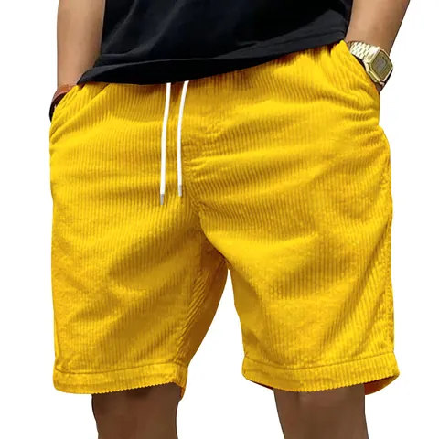 Men Heavyweight Corduroy Cargo Shorts Summer Retro American Casual Loose Drawstring Elastic Waist Shorts Five Point Pants