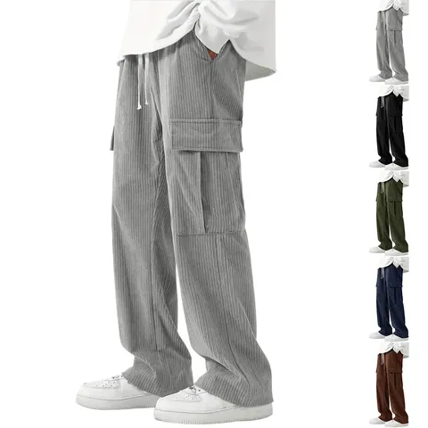 High Street Men Corduroy Cargo Pants Loose Wide Leg Straight Drawstring Multi-Pocket Casual Trousers Solid Color Retro Fashion Bottom