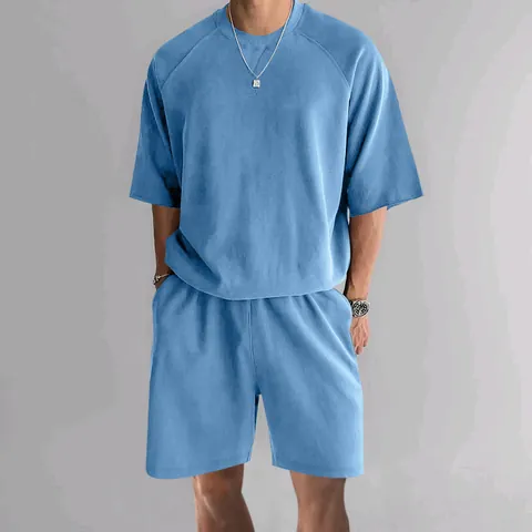Men's Casual French Terry Short Sleeve Top And Bottom Outfits Oversized Pullover T-Shirt And Shorts Two Piece Set