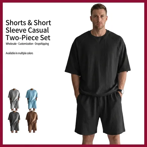 Men's Casual French Terry Short Sleeve Top And Bottom Outfits Oversized Pullover T-Shirt And Shorts Two Piece Set