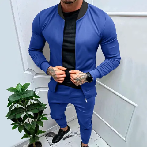 Men's Casual Sportswear Set Polyester Stand Collar Zip-up Jacket and Jogger Pants Tracksuit for Fitness Outdoor Training