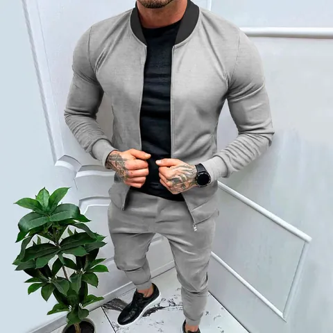 Men's Casual Sportswear Set Polyester Stand Collar Zip-up Jacket and Jogger Pants Tracksuit for Fitness Outdoor Training