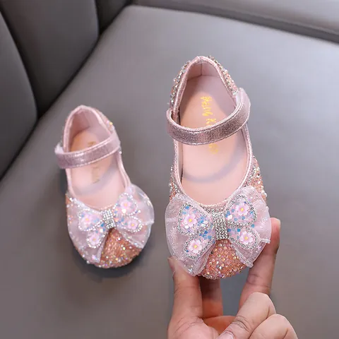 Girls Princess Mary Jane Shoes Rhinestone Artificial Pearl Bowknot Dance Performance Sparkling PU Leather Flat Shoes