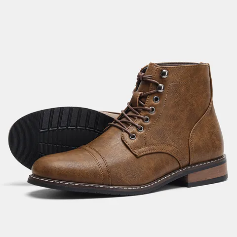 Men's Vintage Work Boots Outdoor Casual Martin Boots Retro PU Leather Lace-up Height Increasing Anti-slip High Top Shoes