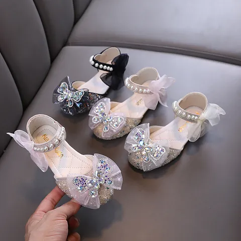 Girls Princess Rhinestone Bow Dress Shoes Kids Pearl Strap Mary Jane Flats For Wedding Party Dance Performance Pink Black