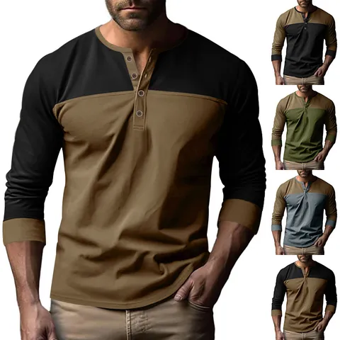 T-shirt Henley Homme Manches Longues Color Block Polyester Élasthanne Coupe Ajustée Décontracté Rétro