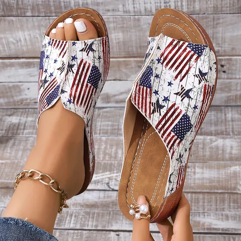 Women American Flag Print Wedge Slippers Peep Toe Platform Sandals Western Retro Summer Beach Shoes Plus Size