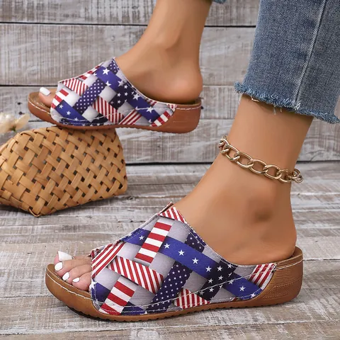 Women American Flag Print Wedge Slippers Peep Toe Platform Sandals Western Retro Summer Beach Shoes Plus Size