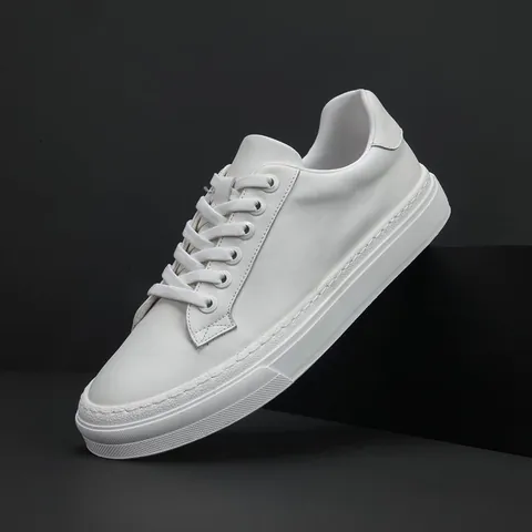 Chaussures Blanches pour Hommes en Cuir de Vachette Haut de Gamme Chaussures de Skate Basses Minimalistes Décontractées Baskets Plates Tendances