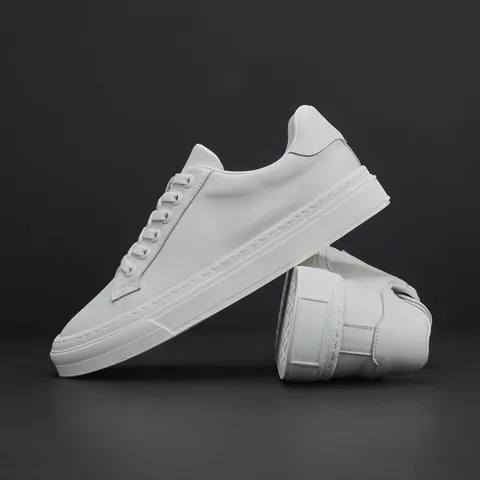 Chaussures Blanches pour Hommes en Cuir de Vachette Haut de Gamme Chaussures de Skate Basses Minimalistes Décontractées Baskets Plates Tendances
