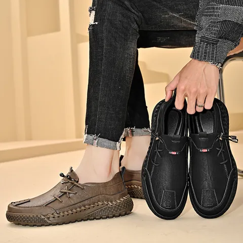 Men's Casual Slip-On Leather Shoes Fashionable Hand-Stitched Thick Sole Loafers Non-Slip Breathable Spring Autumn Fashion Shoes