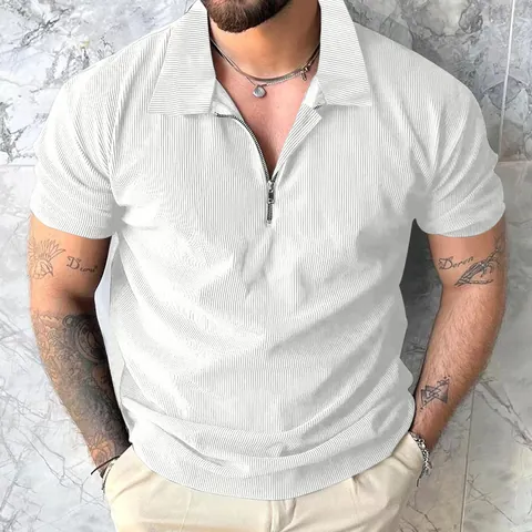 Men's Casual Short Sleeve Ribbed Polo Shirt Quarter Zip Solid Color Regular Fit Cotton Top Fashion Summer Apparel