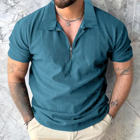 Men's Casual Short Sleeve Ribbed Polo Shirt Quarter Zip Solid Color Regular Fit Cotton Top Fashion Summer Apparel