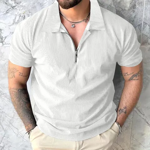 Polo da Uomo Casual in Cotone Texture a Costine Top a Maniche Corte Moda Scollo con Cerniera Estate Tinta Unita Slim Fit Polo Top