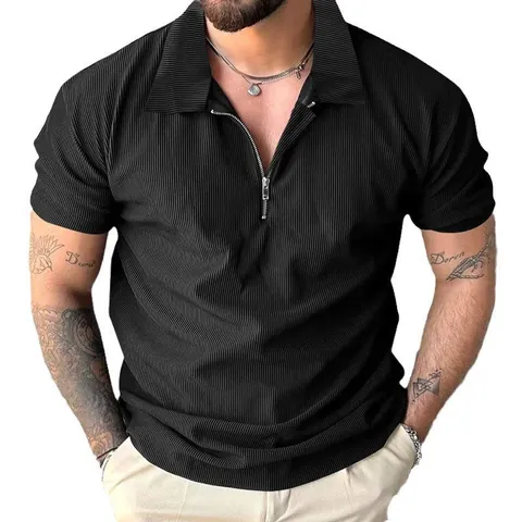 Polo da Uomo Casual in Cotone Texture a Costine Top a Maniche Corte Moda Scollo con Cerniera Estate Tinta Unita Slim Fit Polo Top
