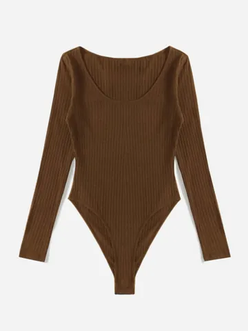 Women Sexy Ribbed Bodysuit Solid Color Round Neck Long Sleeve Slim Fit One Piece Leotard Top For Daily Wear Fashion Clothing