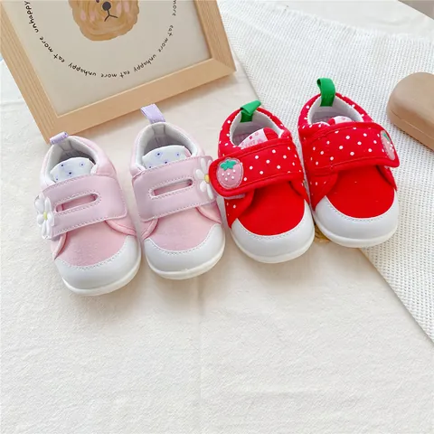 Peuter Meisjes Leren Loopschoenen Zachte Zool Canvas Daisy Aardbei Patroon Klittenband Antislip Baby Sneakers