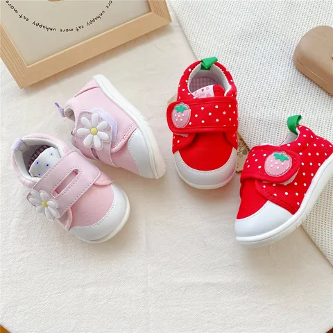 Peuter Meisjes Leren Loopschoenen Zachte Zool Canvas Daisy Aardbei Patroon Klittenband Antislip Baby Sneakers