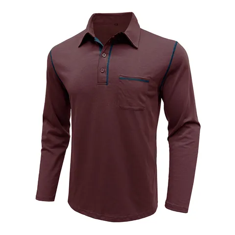 Men Business Casual Cotton Blend Polo Shirt Long Sleeve Turn-down Collar Contrast Stitching Chest Pocket Top For Daily