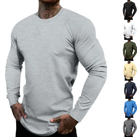 Men Casual Polyester T-Shirt Basic Solid Color Round Neck Long Sleeve Slim Fit Undershirt Breathable Spring Autumn Top