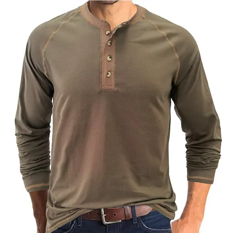 Men's Heavyweight Cotton Henley Shirt Long Sleeve T-Shirt Amekaji Style Raglan Sleeve Contrast Stitching Casual Top For Men